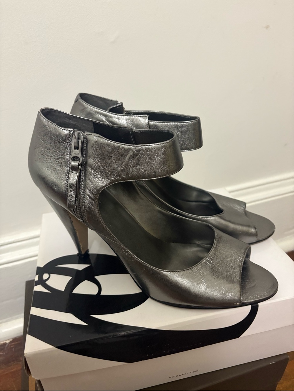 Nine West Metallic Pewter  Peep-Toe Ankle-Strap Heels